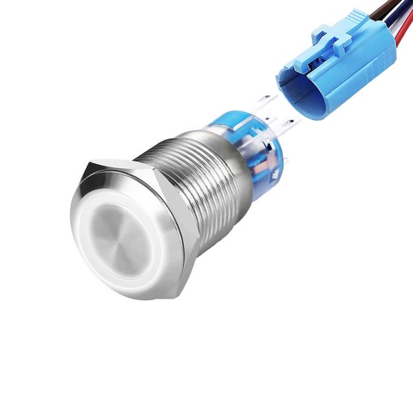 Buton Push Metalic, 220V, 19mm, cu Revenire Led Alb, Mufa inclusa, ElectroAZ