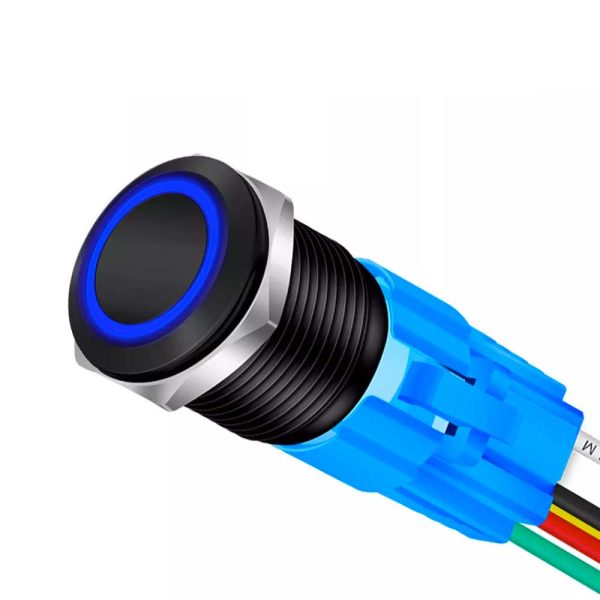 Buton Push Negru 19mm cu Revenire si Led Albastru, Mufa inclusa, ElectroAZ