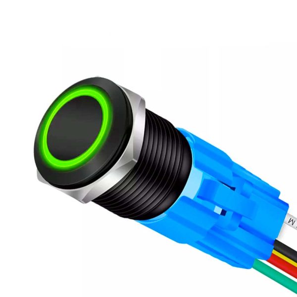 Buton Push Negru 19mm cu Revenire si Led Verde, Mufa inclusa, ElectroAZ