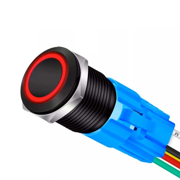 Buton Push Negru 19mm cu Revenire si Led Rosu, Mufa inclusa, ElectroAZ