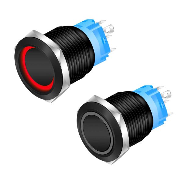 Buton Push Negru 19mm cu Retinere si Led Rosu, Mufa inclusa, ElectroAZ