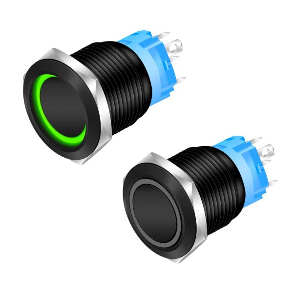 Buton Push Negru 19mm cu Retinere si Led Verde, Mufa inclusa, ElectroAZ