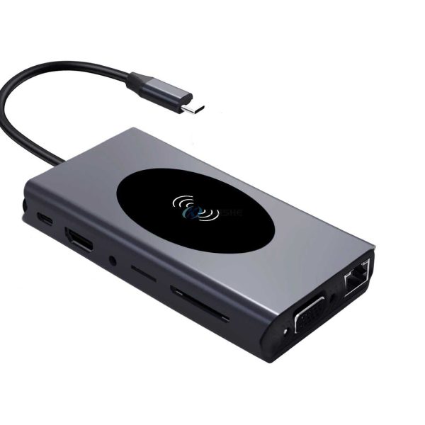 Adaptor Hub Multifunctional 13 in 1 ElectroAZ,Incarcare Wireless 15W,PD Port USB-C, HDMI 4K,VGA 1080P, 5 x USB 3.0, LAN RJ45 Audio Jack3,5mm